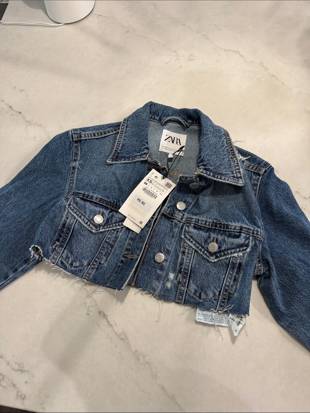 Zara Distressed Medium Blue Cropped Denim Jacket